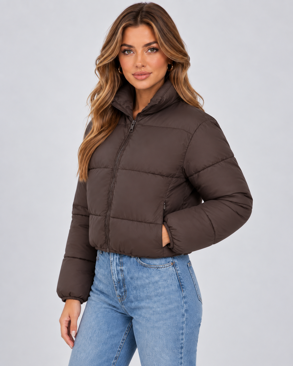 Stand Collar Zip Front Cropped Puffer Jacket 3