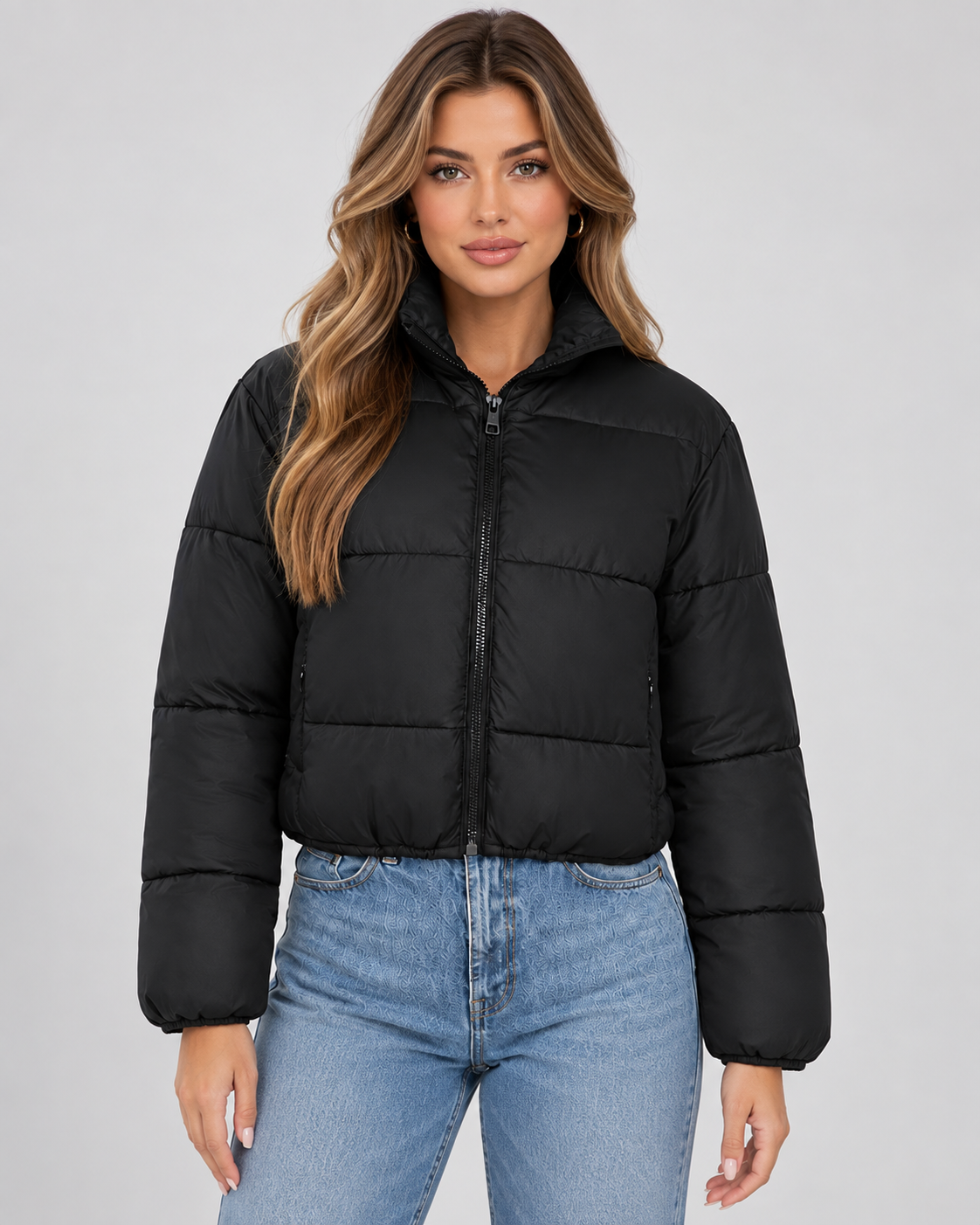 Stand Collar Zip Front Cropped Puffer Jacket 4