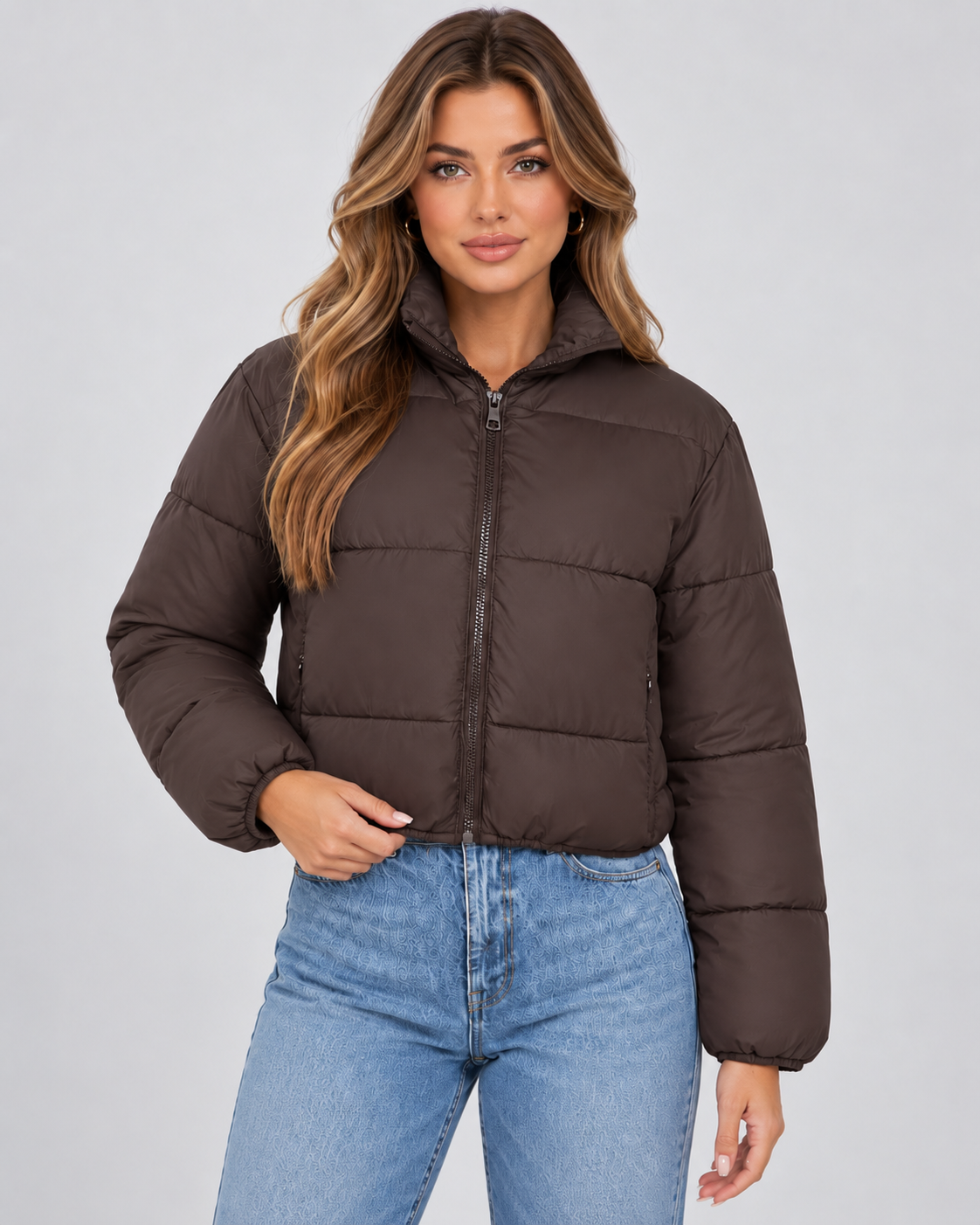 Stand Collar Zip Front Cropped Puffer Jacket