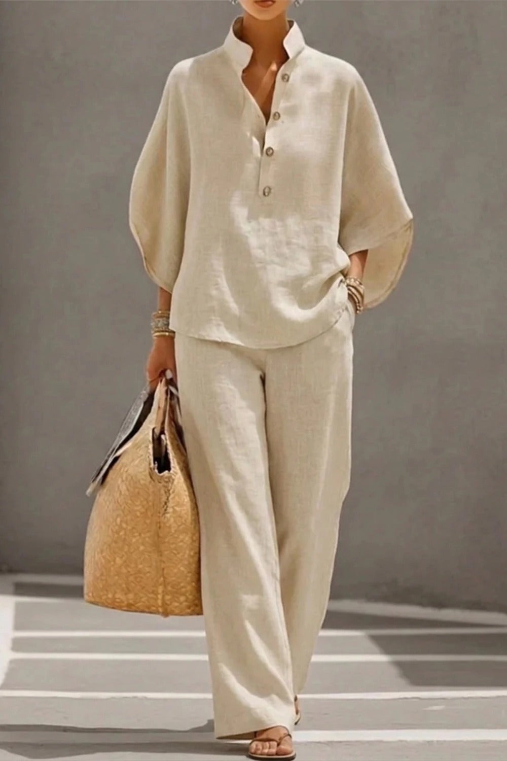 Stand Collar Batwing Sleeve Top and Wide Leg Pants Two Piece Set