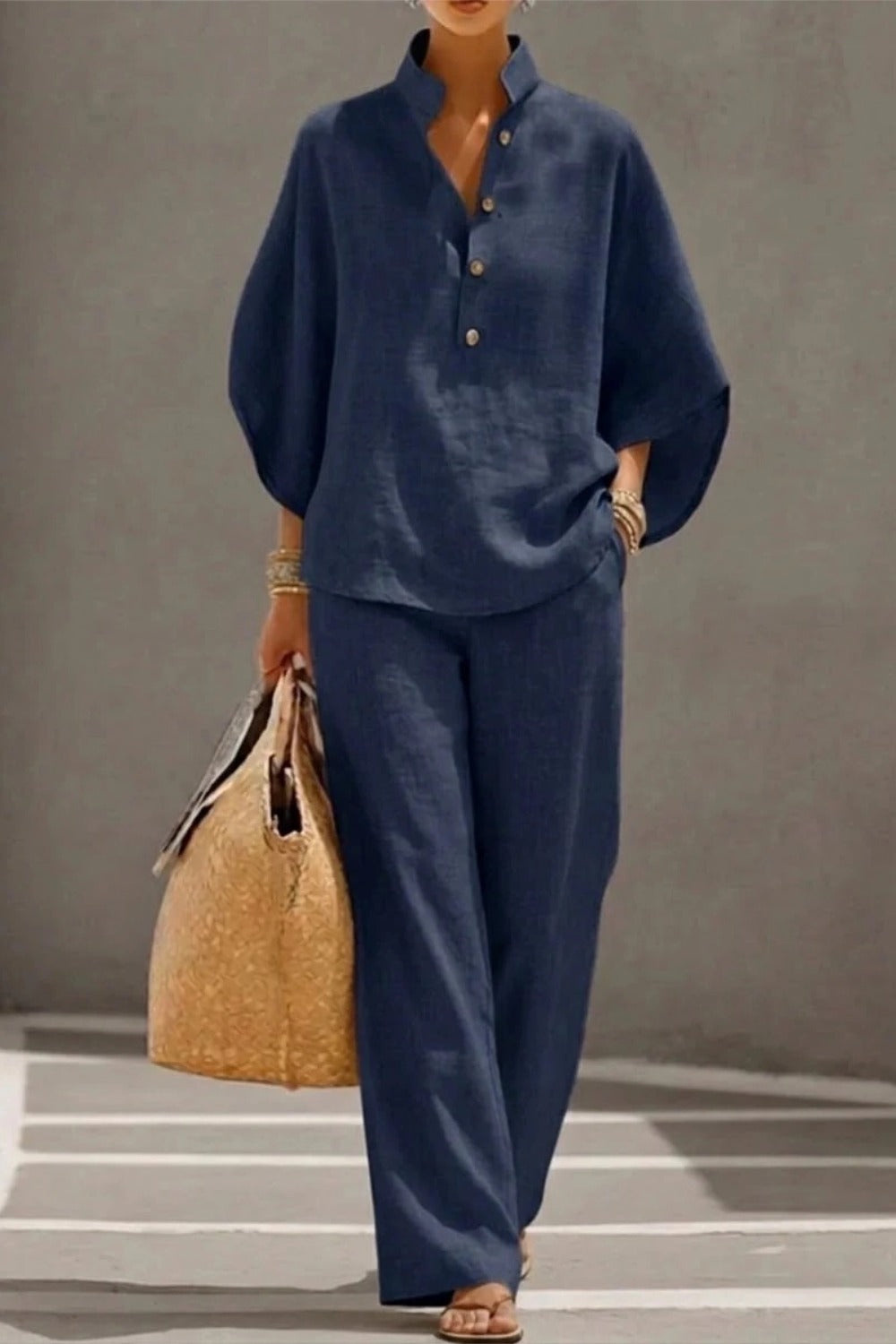 Stand Collar Batwing Sleeve Top and Wide Leg Pants Two Piece Set 2