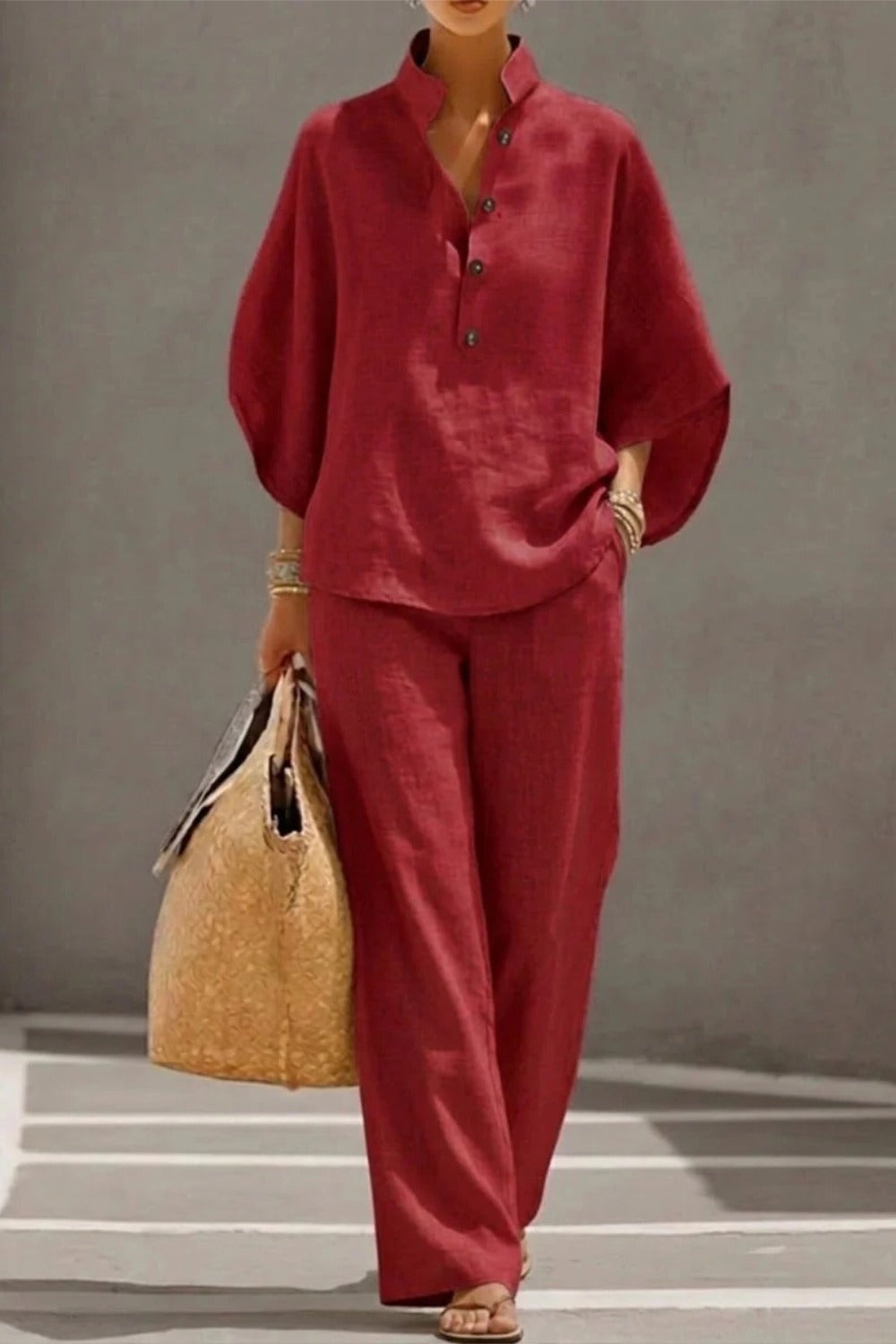 Stand Collar Batwing Sleeve Top and Wide Leg Pants Two Piece Set 7