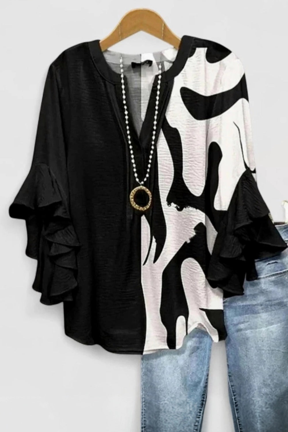 Abstract Print V-Neck Ruffle Sleeve Blouse