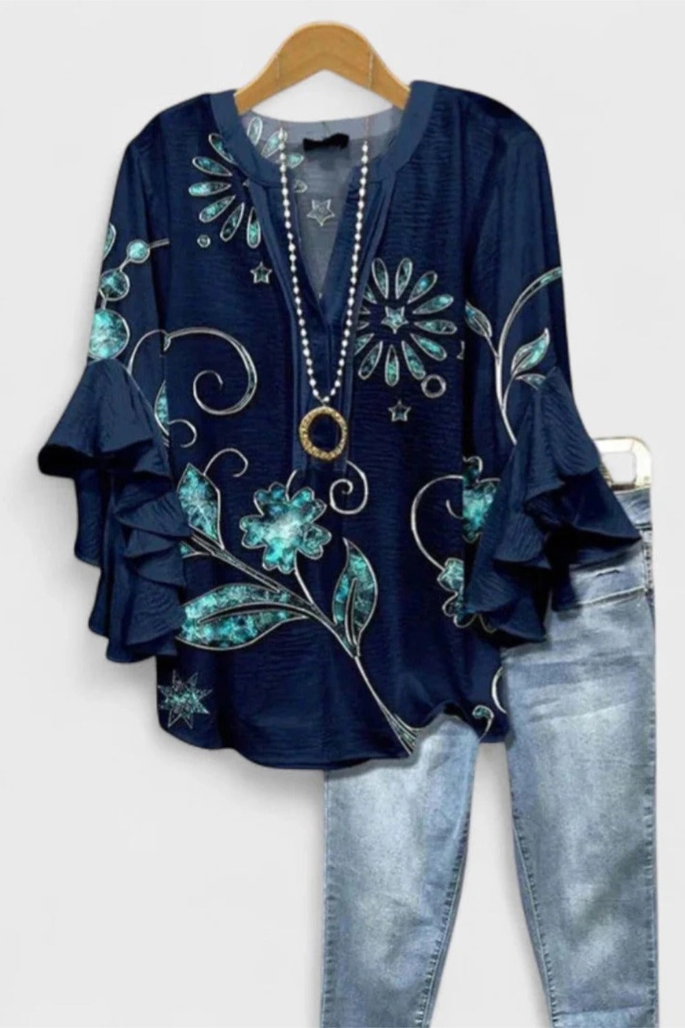 Jewel Floral Print Notch Neck Ruffle Bell Sleeve Blouse