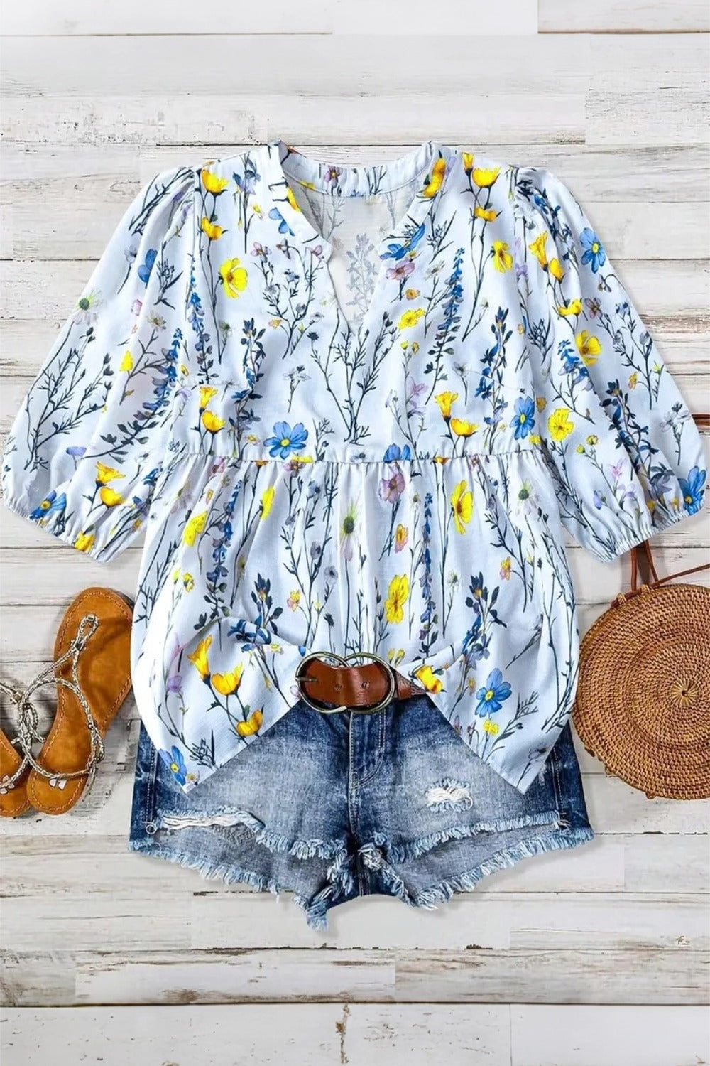 Floral Print Notch Neck Puff Sleeve Peplum Blouse