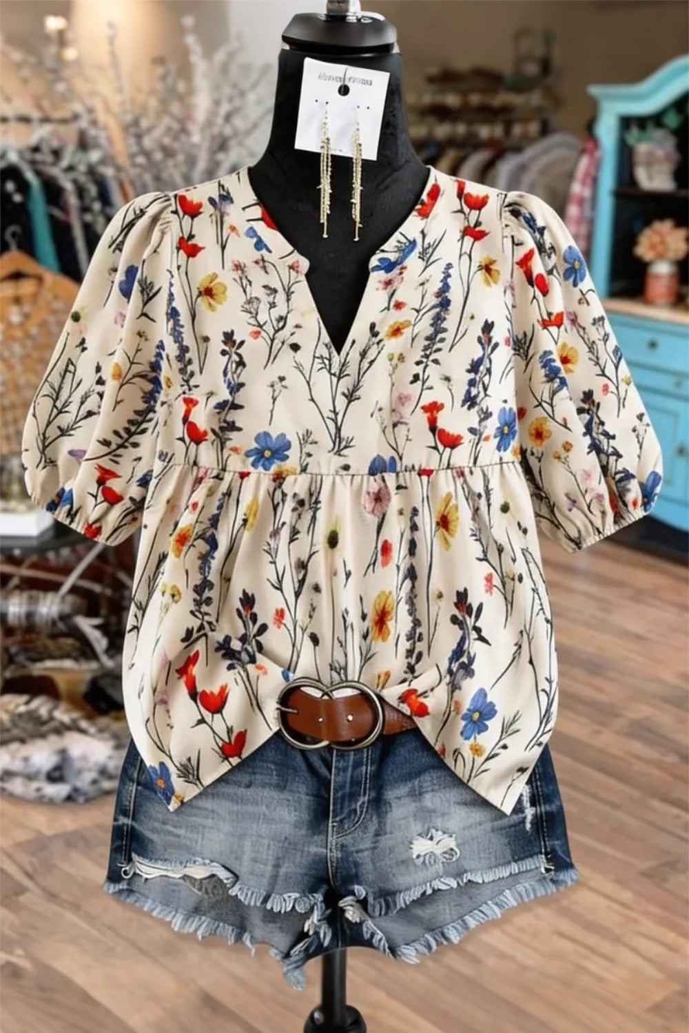 Floral Print Notched Neck Puff Sleeve Peplum Blouse 2