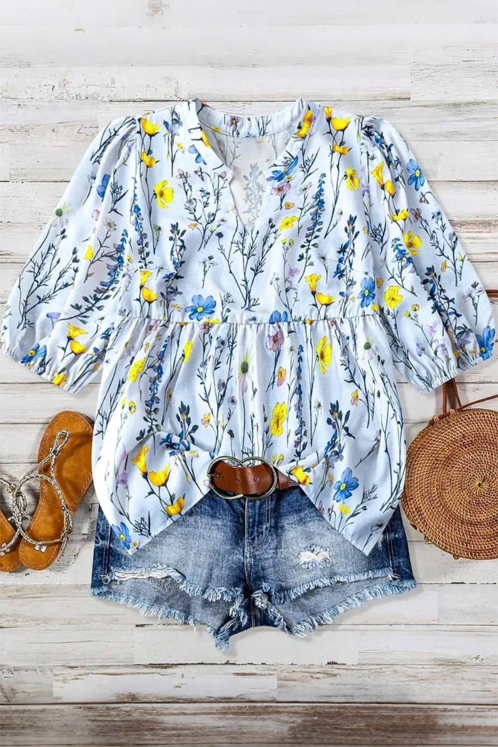 Wildflower Floral Print Split V-Neck Balloon Sleeve Peplum Top