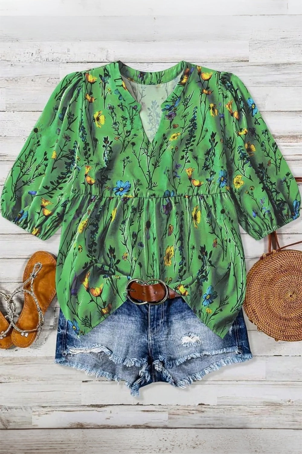 Wildflower Floral Notch Neck Half Sleeve Peplum Blouse