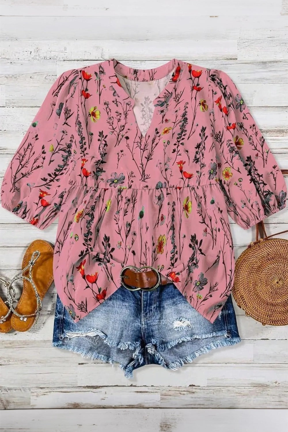 Floral Print Notch Neck Half Sleeve Peplum Top
