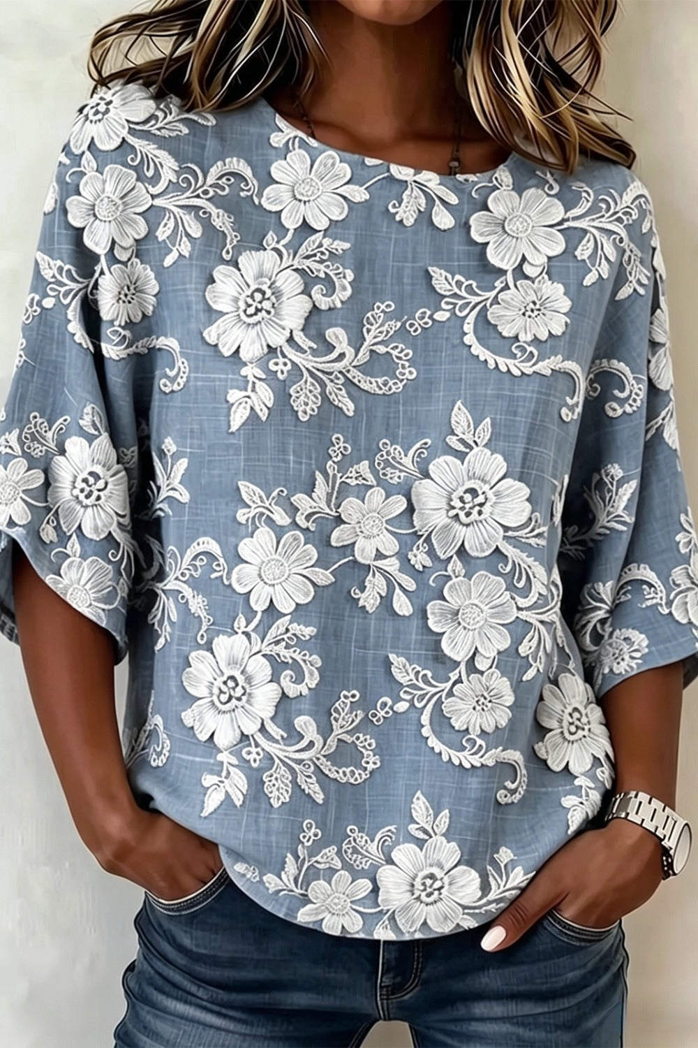 Floral Print Round Neck Half Sleeve Linen Look Top 2