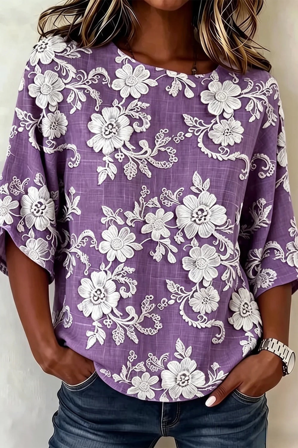 Floral Print Round Neck Half Sleeve Linen Look Top 7