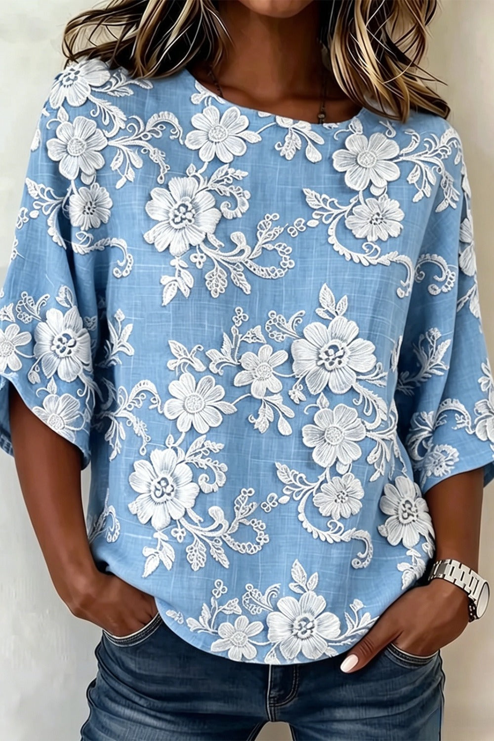 Floral Print Round Neck Half Sleeve Linen Look Top 6