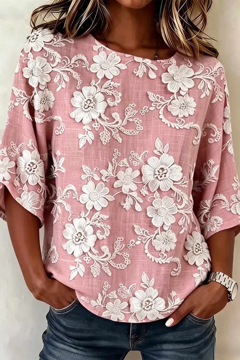 Floral Print Round Neck Half Sleeve Linen Look Top 4