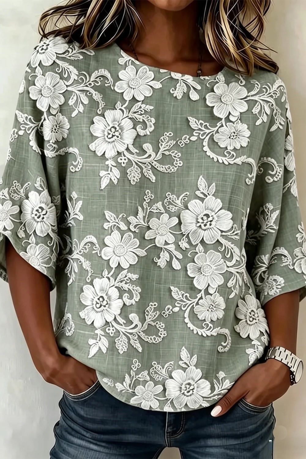 Floral Print Round Neck Half Sleeve Linen Look Top 5