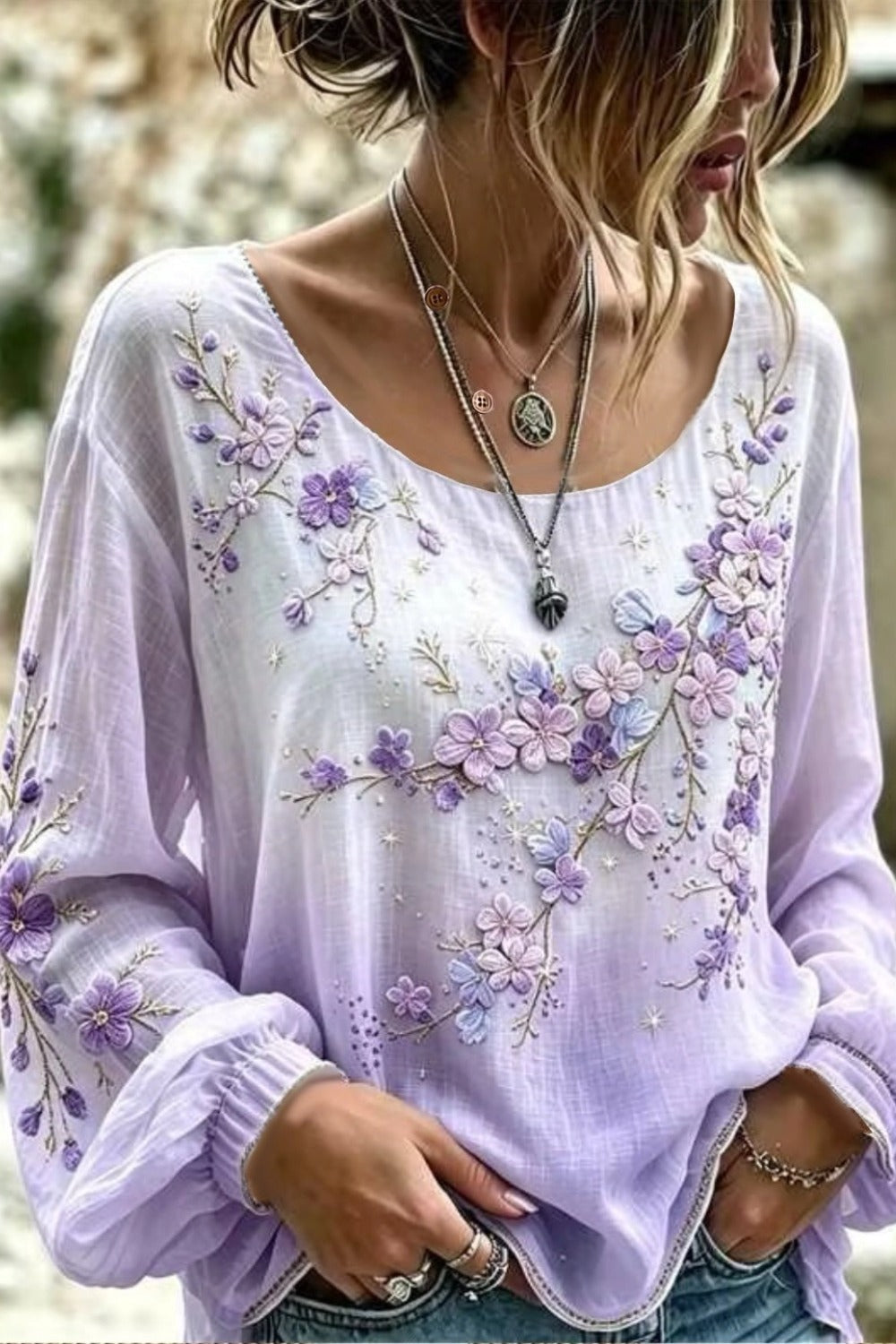 Floral Print Crew Neck Long Sleeve Lightweight Loose Blouse