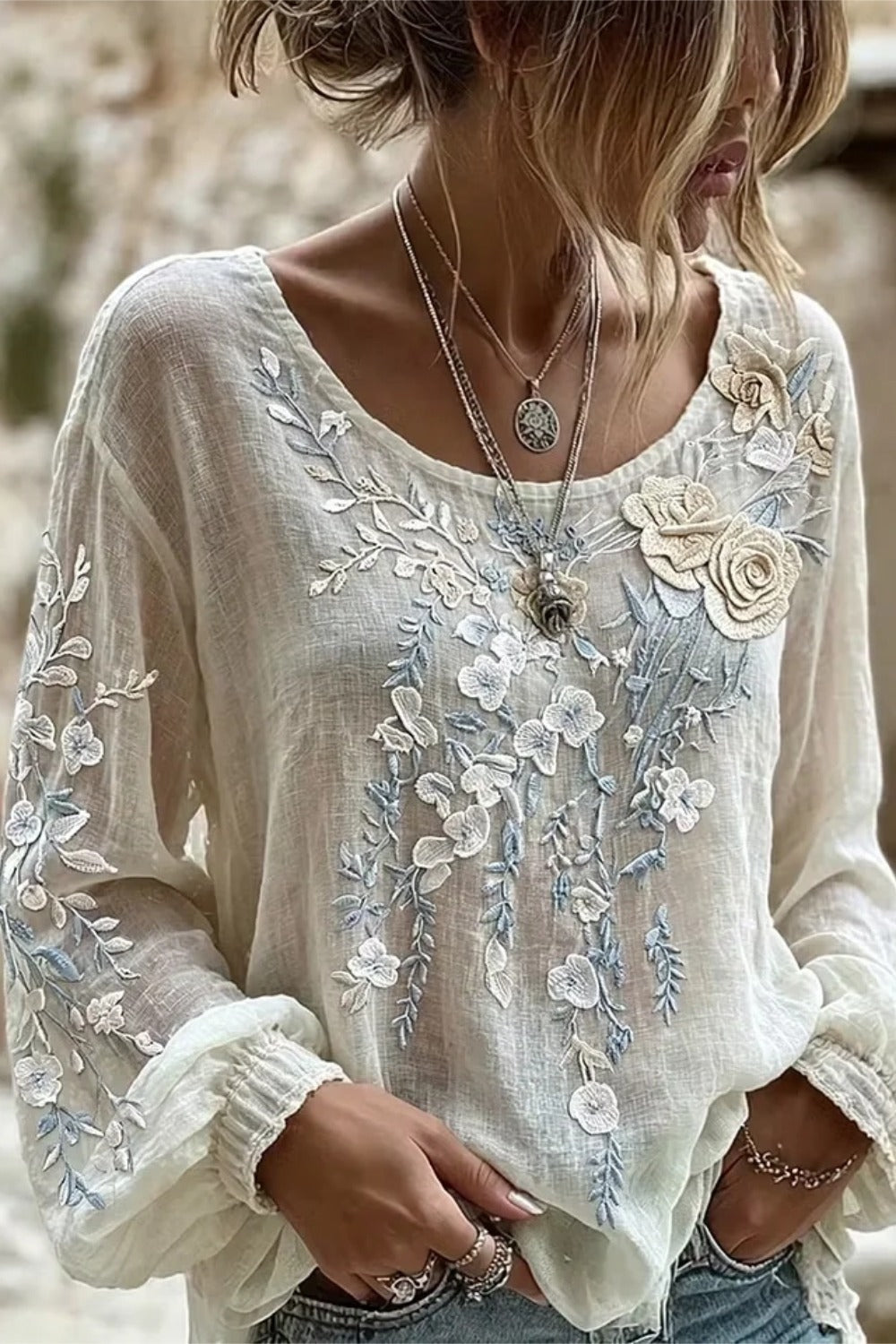 Floral Embroidered Round Neck Long Sleeve Blouse