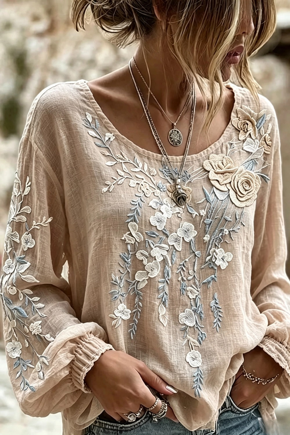 Floral Embroidered Round Neck Long Sleeve Blouse 2