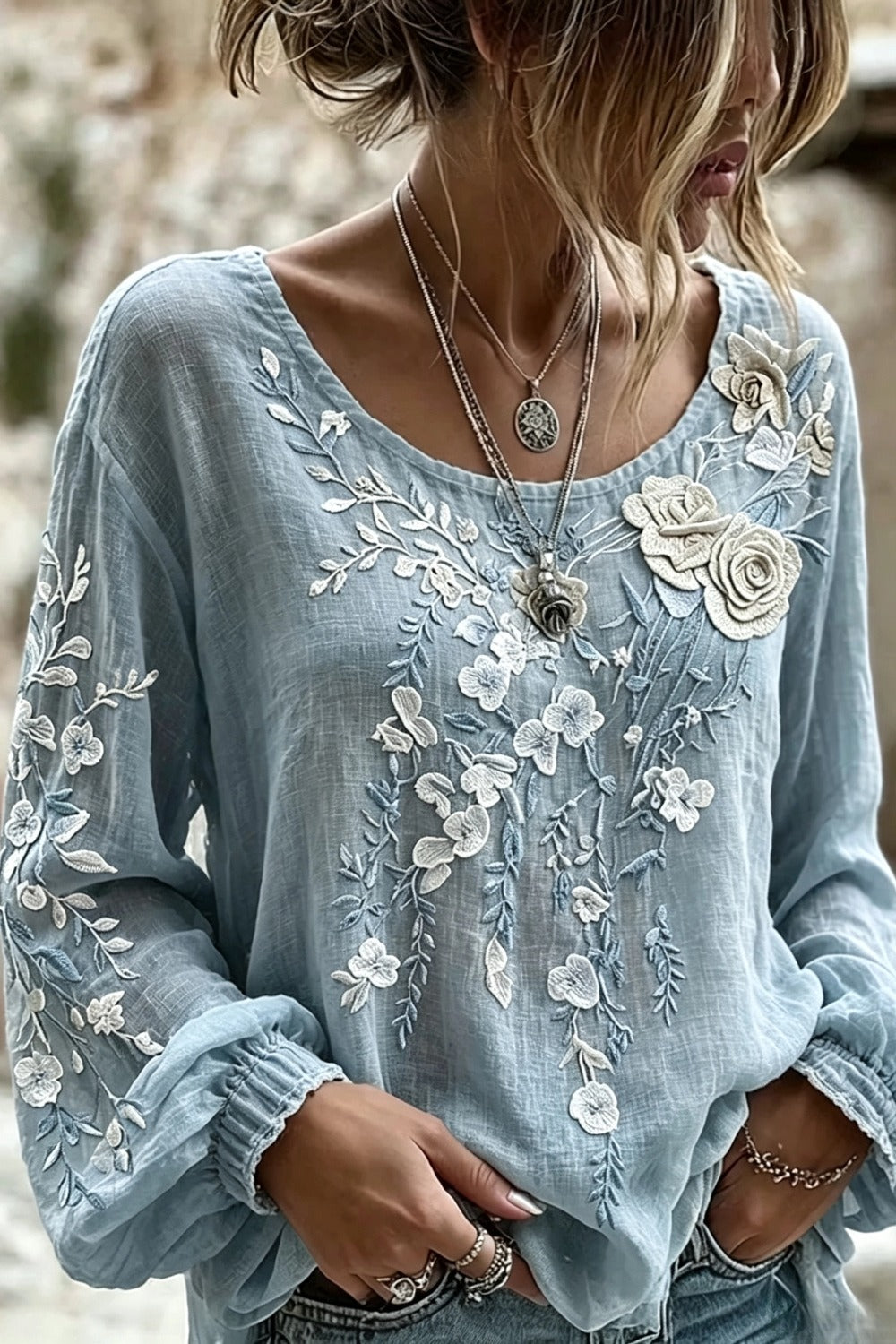 Floral Embroidered Round Neck Long Sleeve Blouse 3