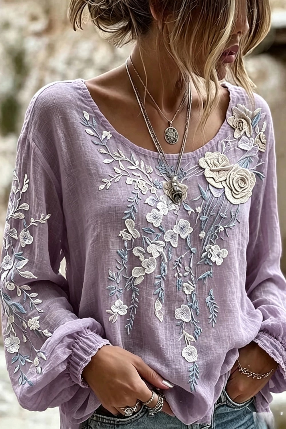 Floral Embroidered Round Neck Long Sleeve Blouse 4