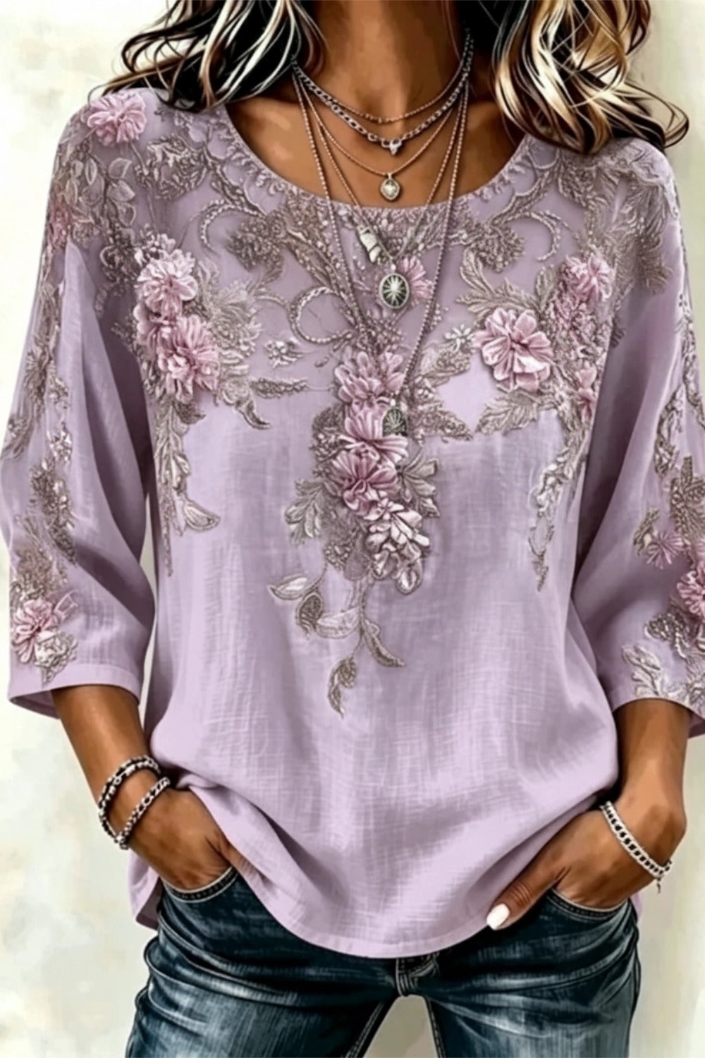 Floral Lace Applique Round Neck Three Quarter Sleeve Blouse 3