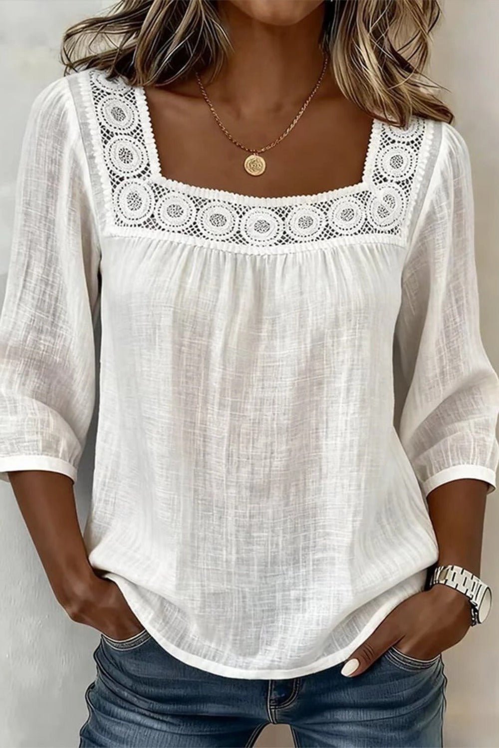 Square Neck Crochet Lace Yoke Three Quarter Sleeve Blouse 5