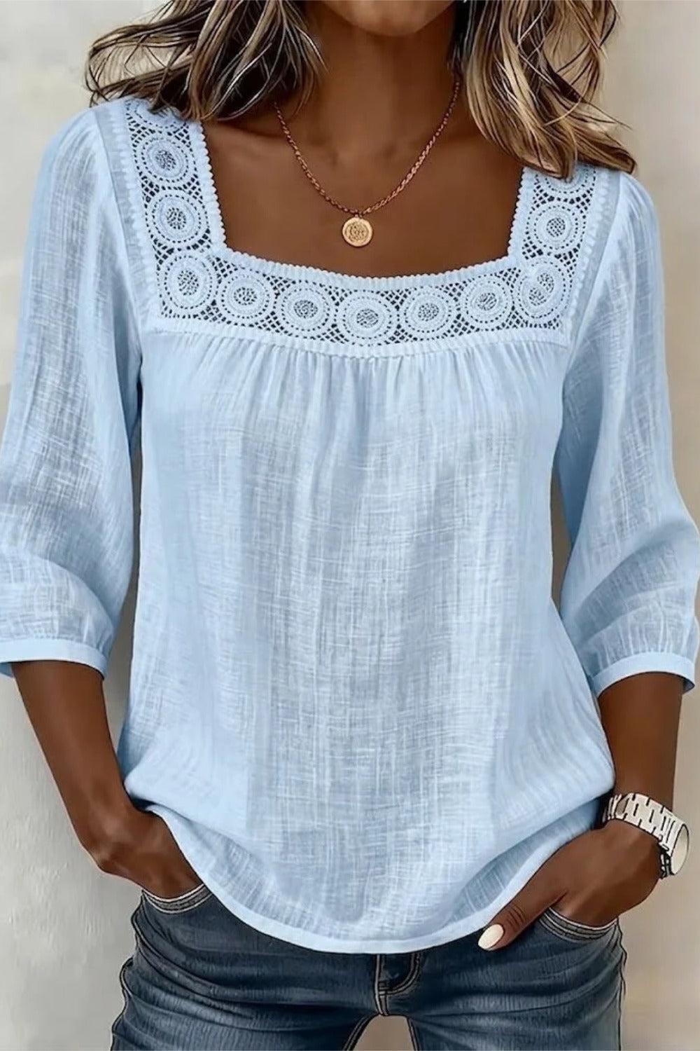Square Neck Crochet Lace Yoke Three Quarter Sleeve Blouse 3