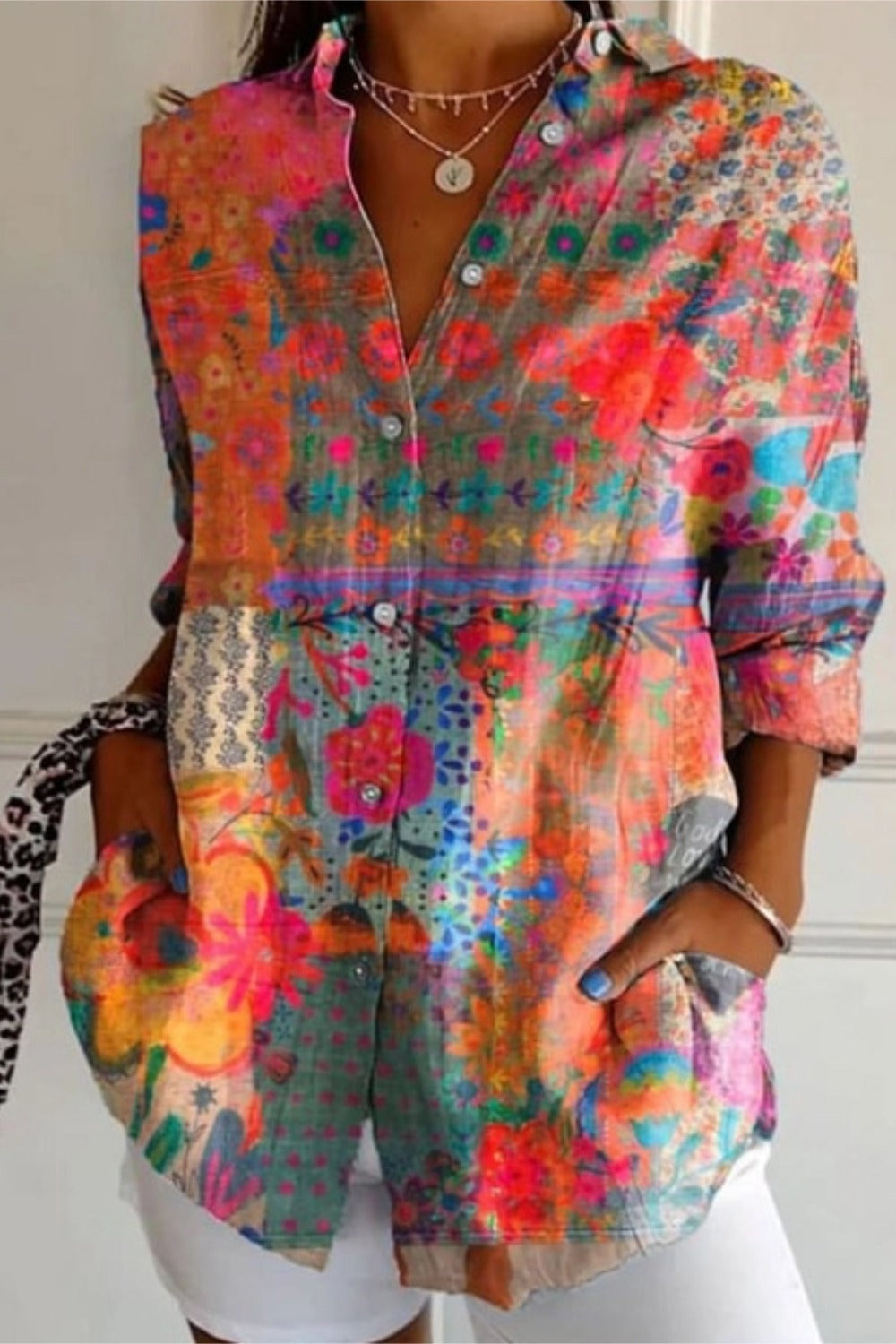 Abstract Floral Print Collared Long Sleeve Button Up Shirt