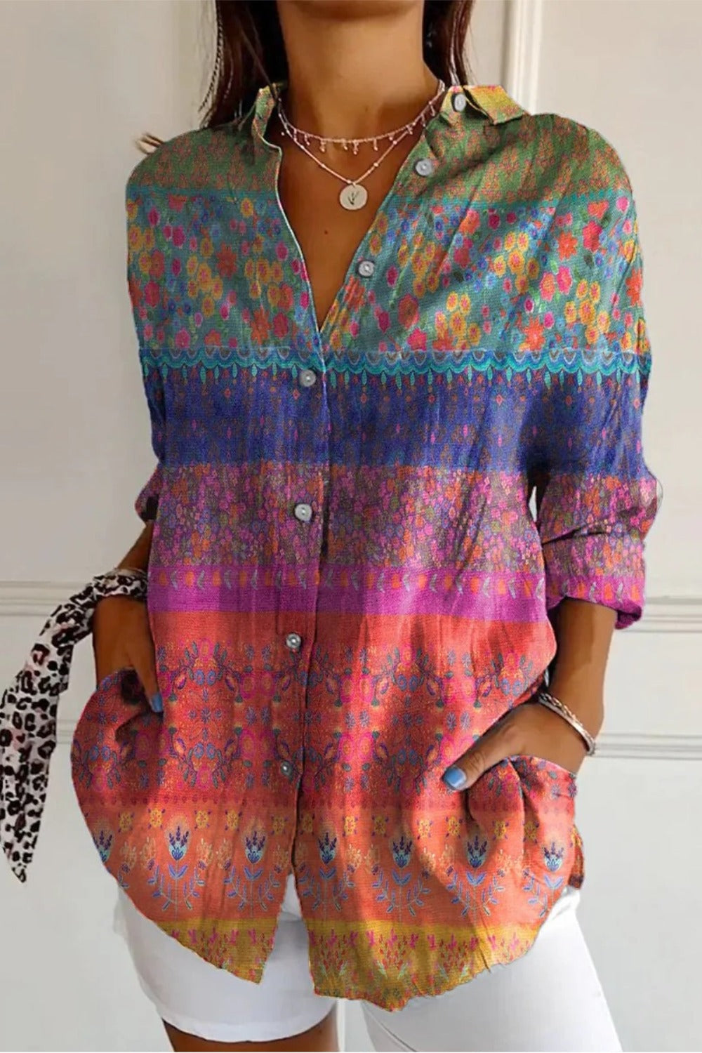 Boho Floral Print Button Up Long Sleeve Shirt