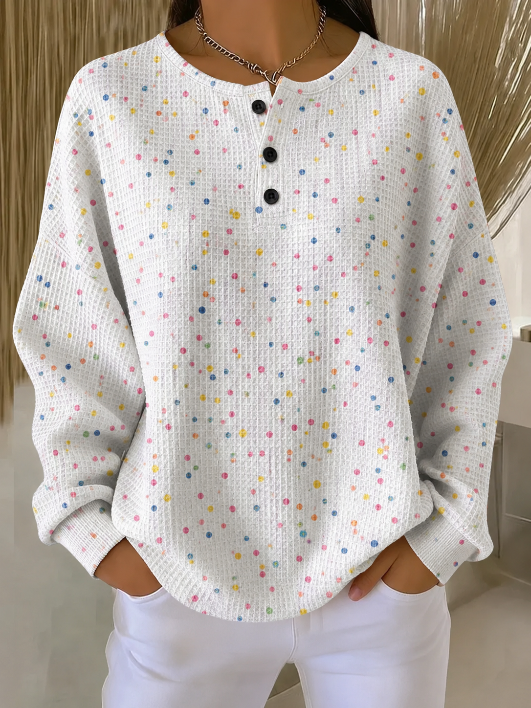 Dot Print Waffle Knit Button Neck Long Sleeve Top