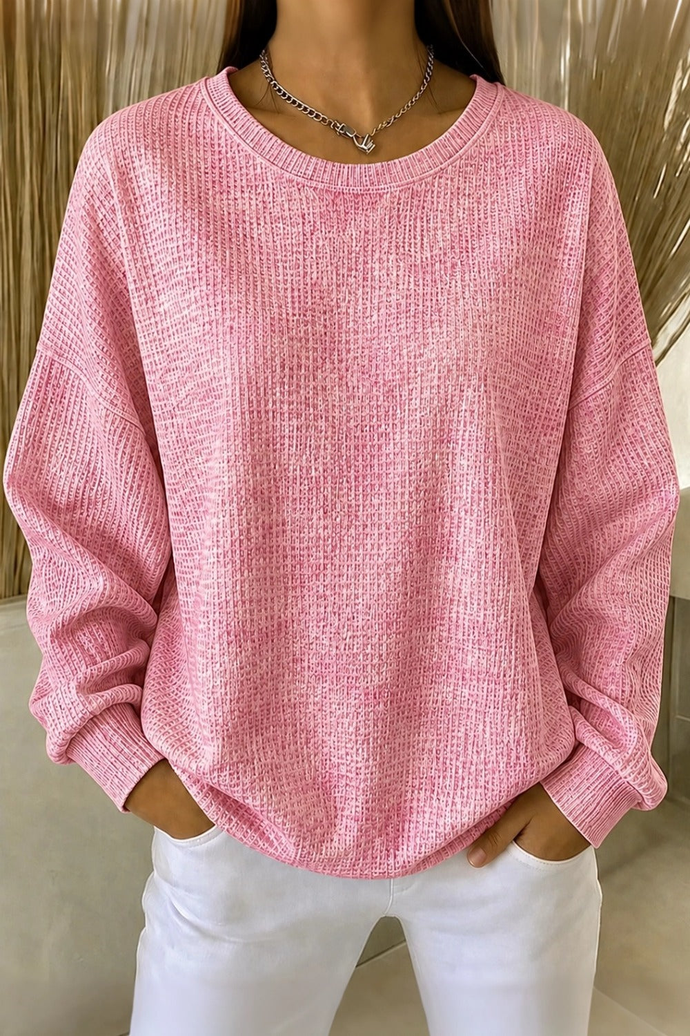 Crew Neck Tie Dye Waffle Knit Sweatshirt 2