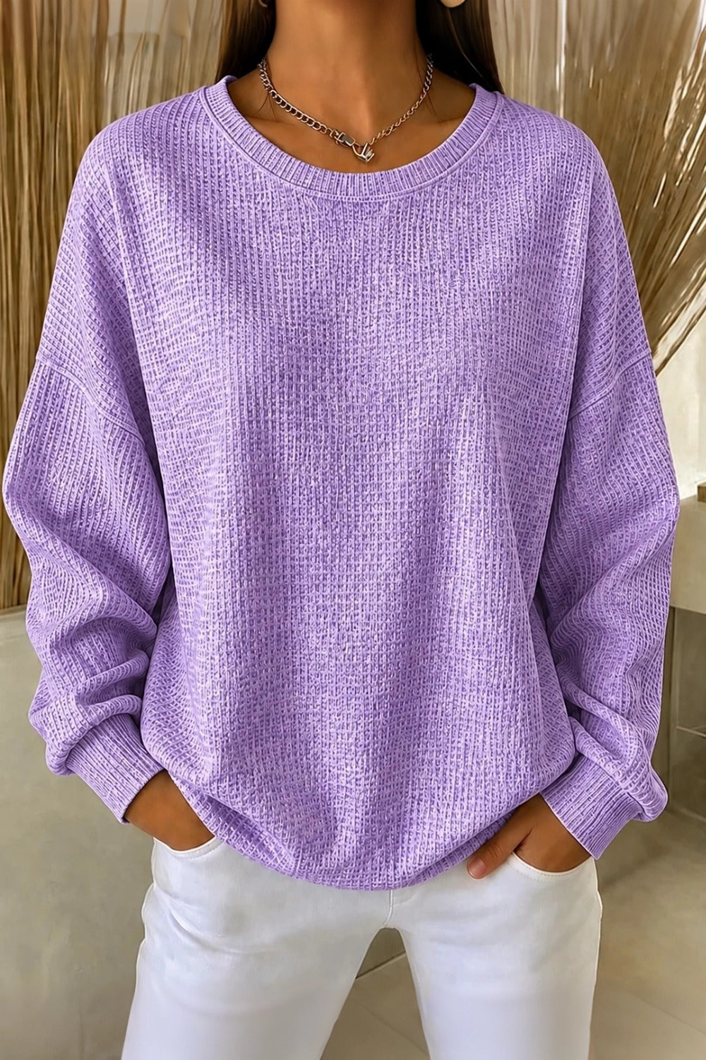 Crew Neck Tie Dye Waffle Knit Sweatshirt 3