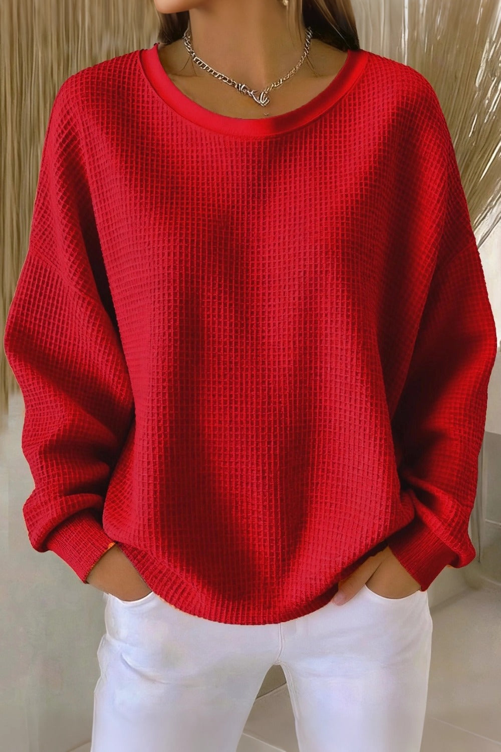 Crew Neck Long Sleeve Waffle Knit Sweatshirt 10