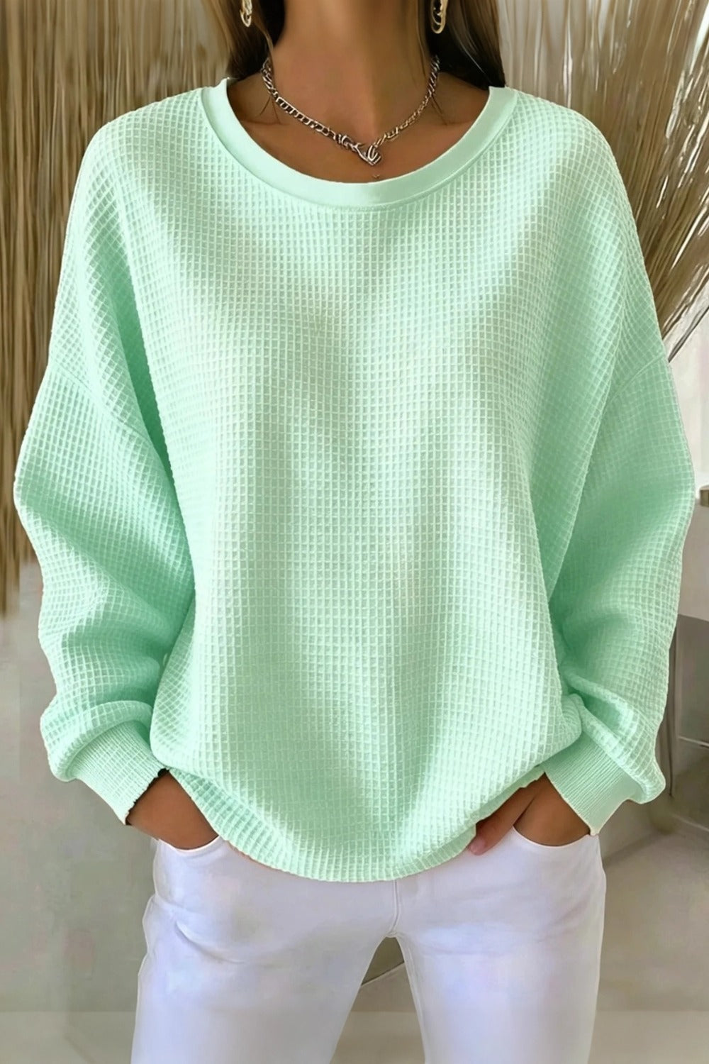 Crew Neck Long Sleeve Waffle Knit Sweatshirt 3