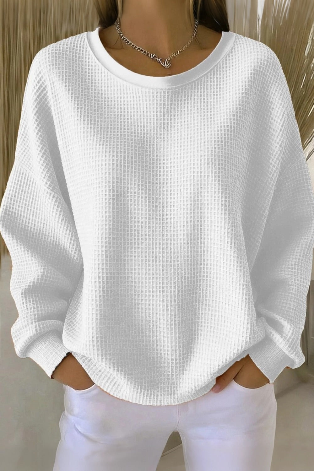 Crew Neck Long Sleeve Waffle Knit Sweatshirt 5