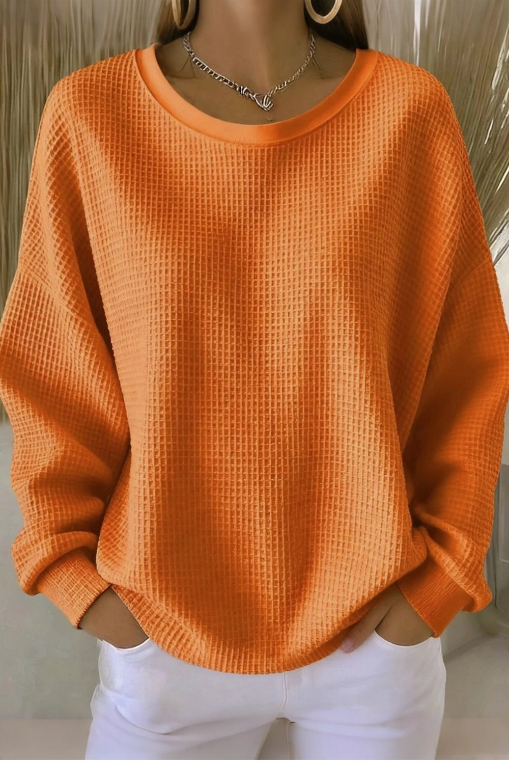Crew Neck Long Sleeve Waffle Knit Sweatshirt 9