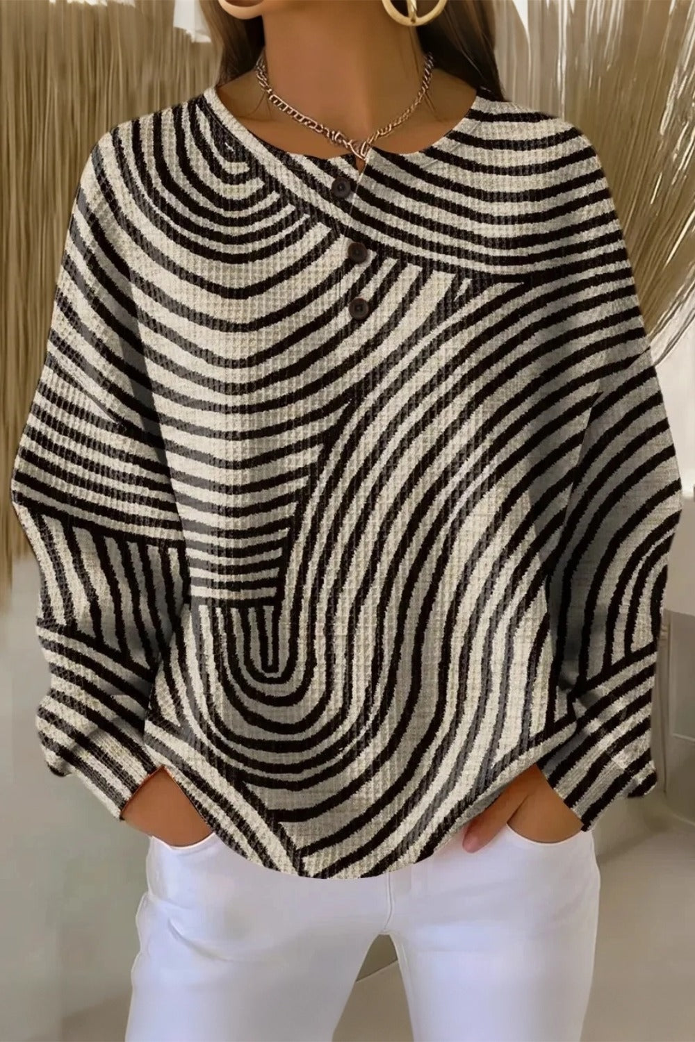 Abstract Line Print Henley Neck Long Sleeve Waffle Top