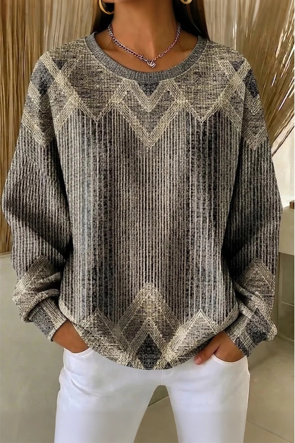 Geometric Chevron Print Waffle Knit Crew Neck Sweater