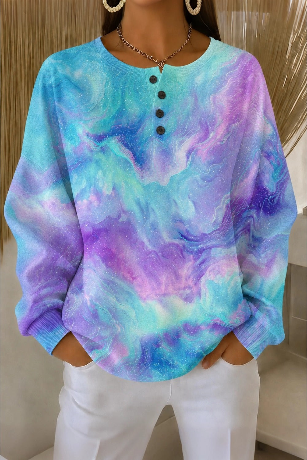 Marble Print Button Henley Long Sleeve Sweatshirt