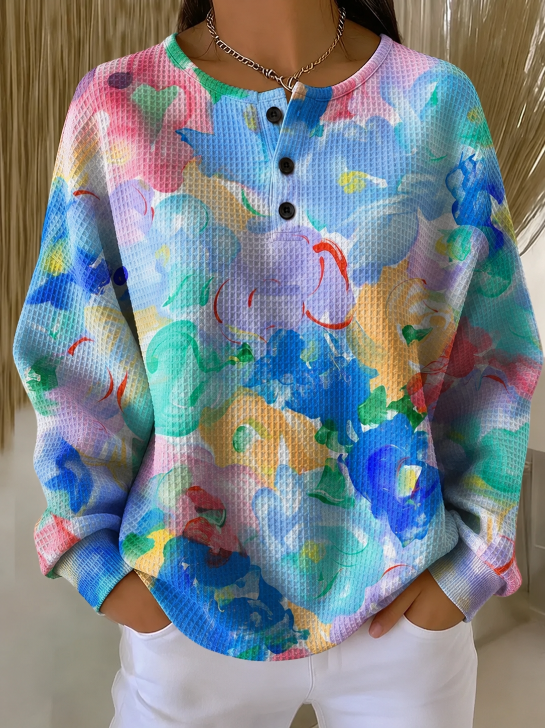 Abstract Print Round Neck Long Sleeve Waffle Henley Top
