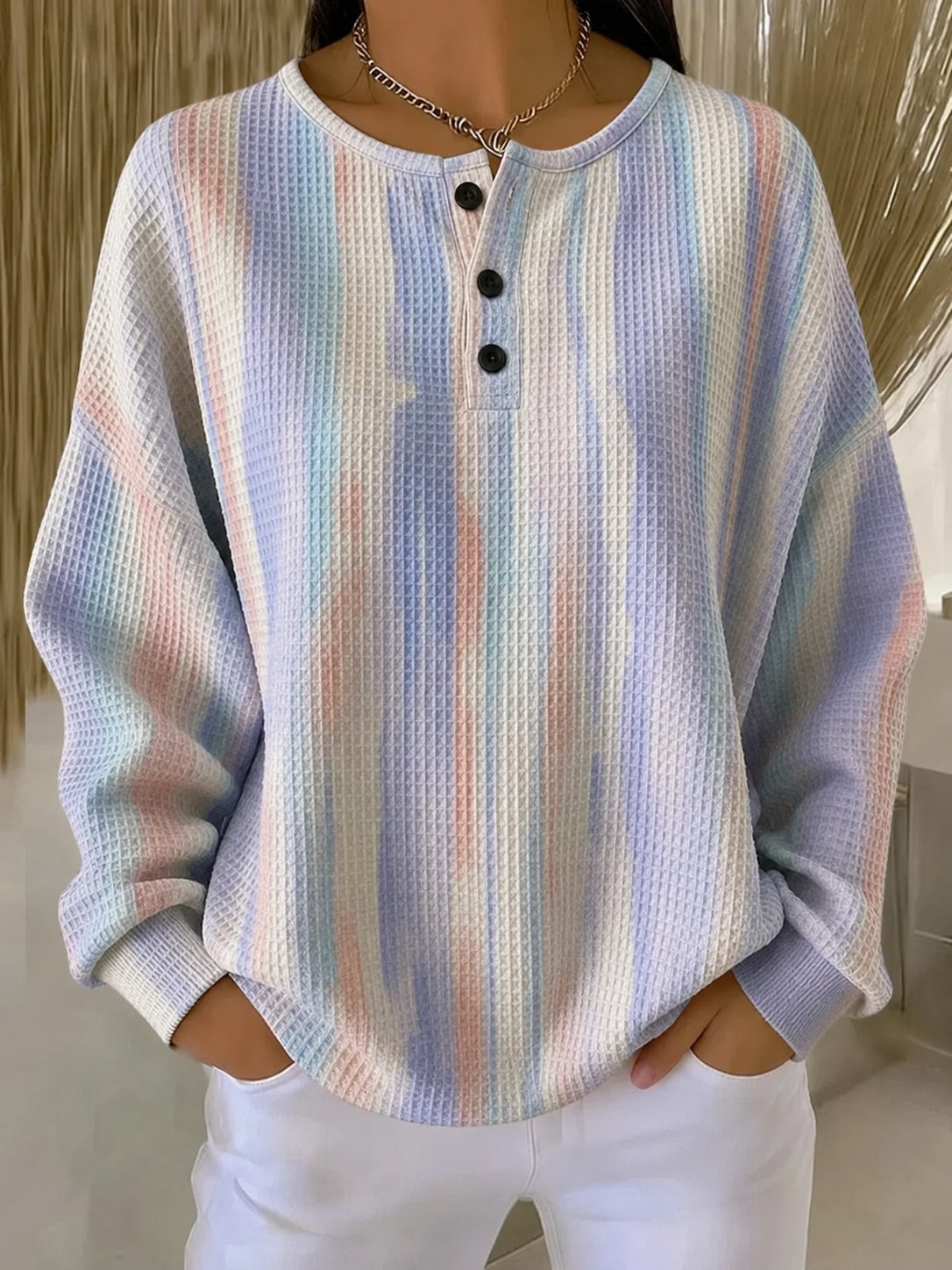 Tie Dye Stripe Waffle Knit Round Neck Button Long Sleeve Top