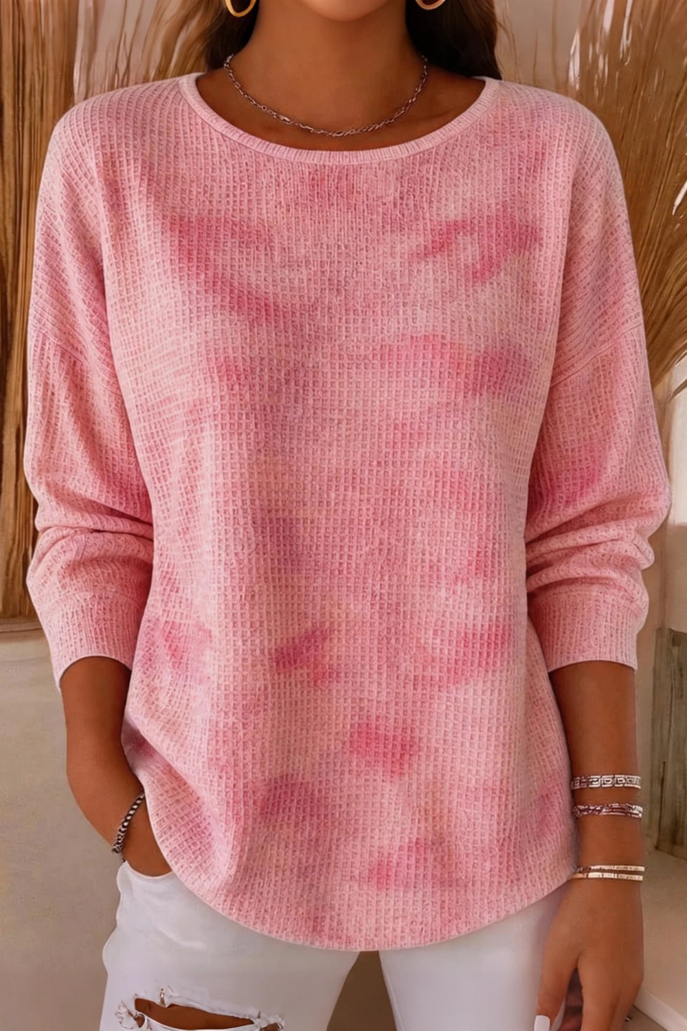 Tie Dye Waffle Knit Round Neck Long Sleeve Top