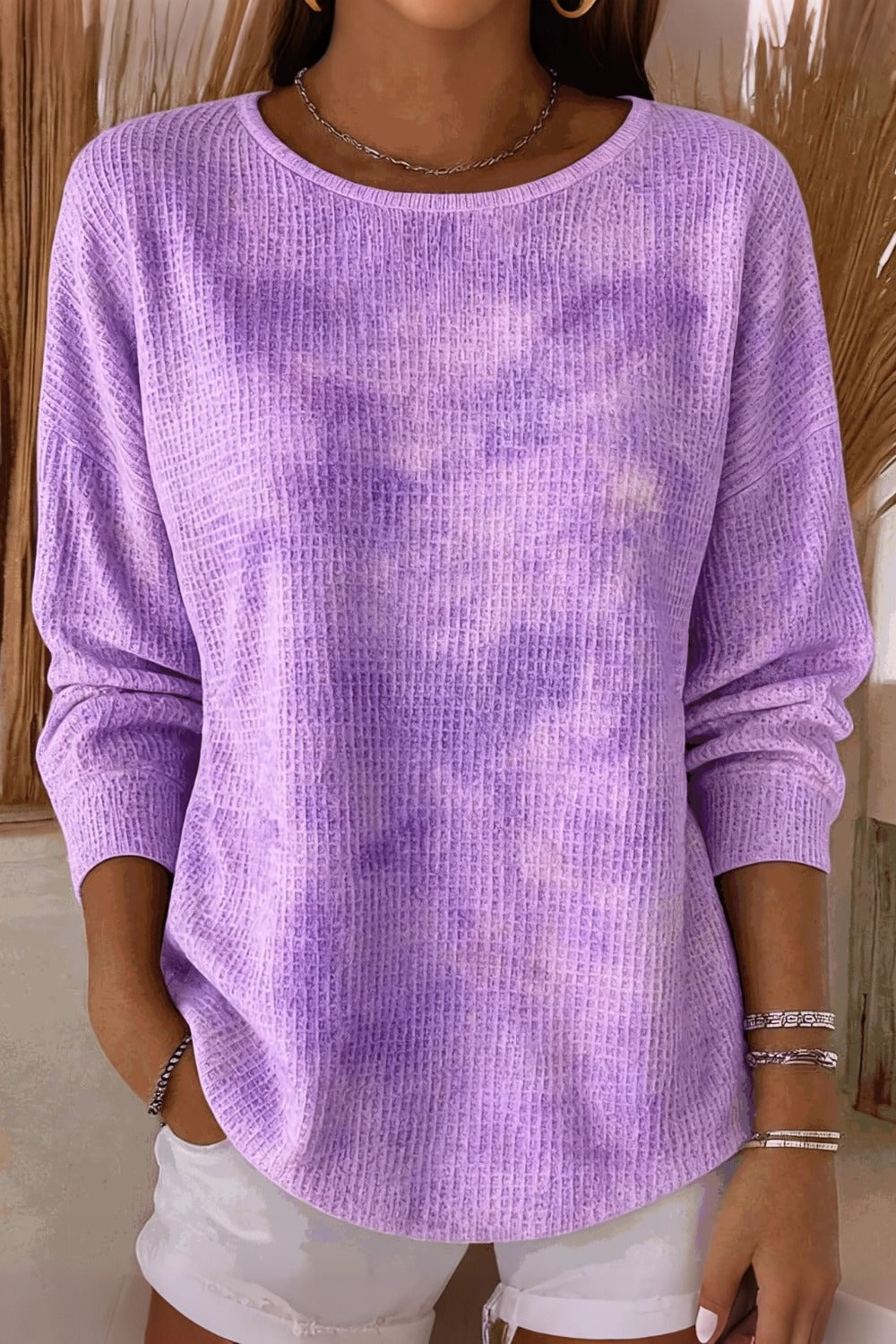 Tie Dye Waffle Knit Round Neck Long Sleeve Top