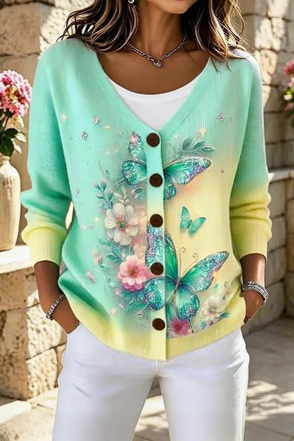 Butterfly Floral Print Button Front Cardigan