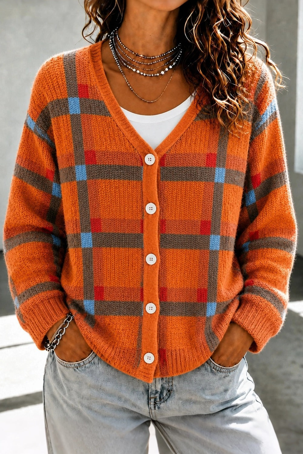 Plaid V-Neck Button Front Knit Cardigan