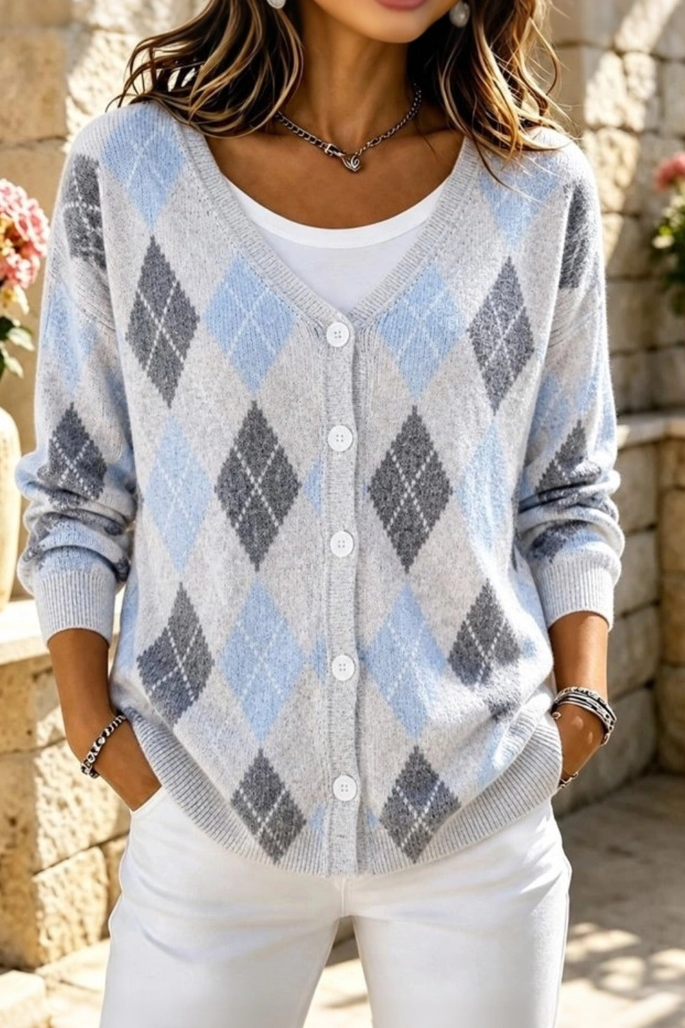 Argyle Print V-Neck Button Front Long Sleeve Cardigan
