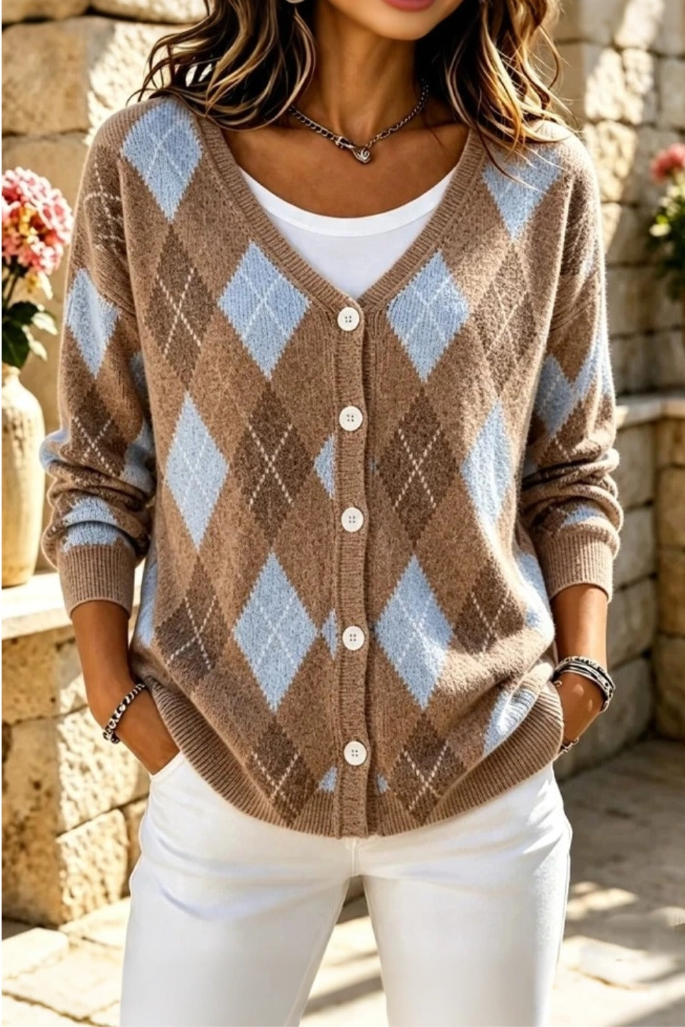 Argyle Print V-Neck Button Front Long Sleeve Cardigan 2