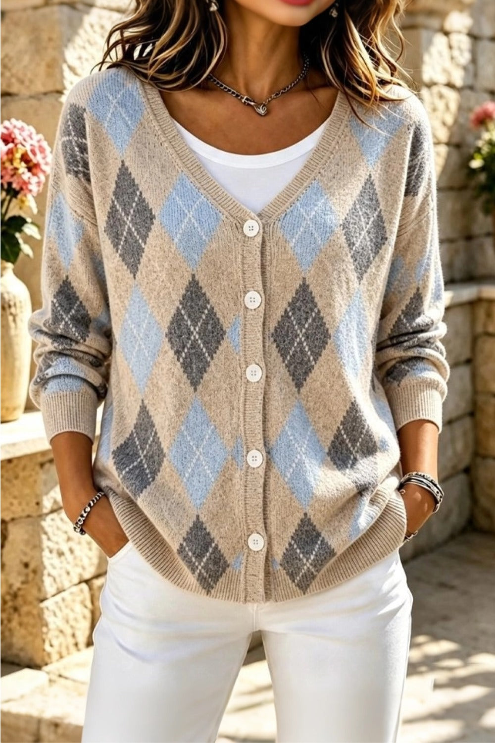 Argyle Print V-Neck Button Front Long Sleeve Cardigan 4