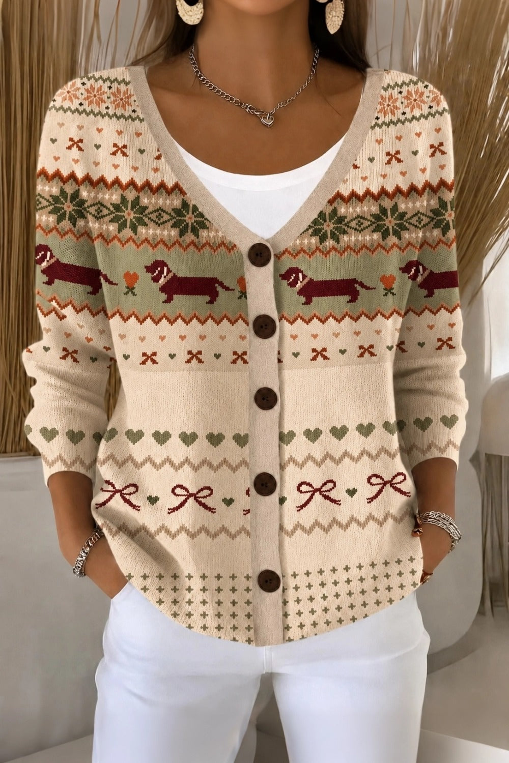 Dachshund Fair Isle V-Neck Button Front Cardigan