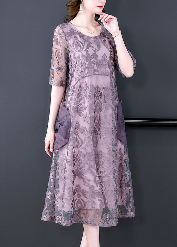 Burnout Damask Floral Mesh Overlay Round Neck Midi Dress - View 3