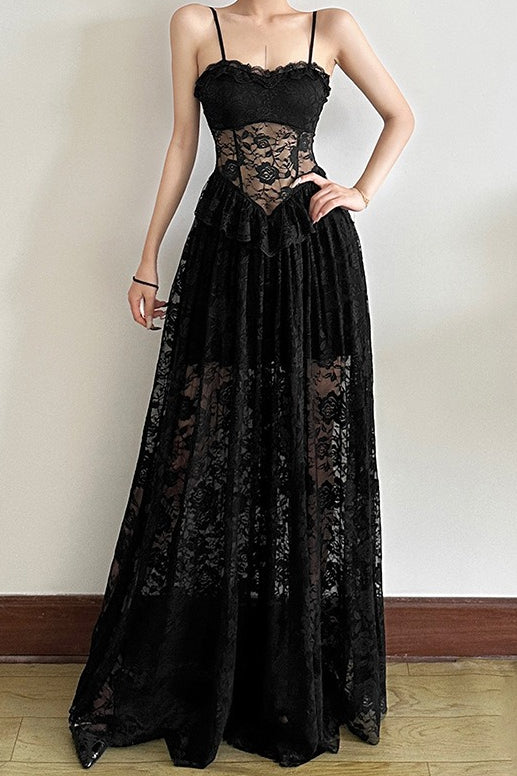Sleeveless Ruffled Waist Maxi Lace Dress - View 2